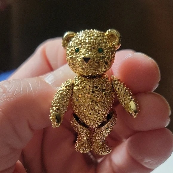 Vintage Jointed Gold Teddy Bear Figurine with Emerald Rhinestone Eyes - Picture 3 of 6